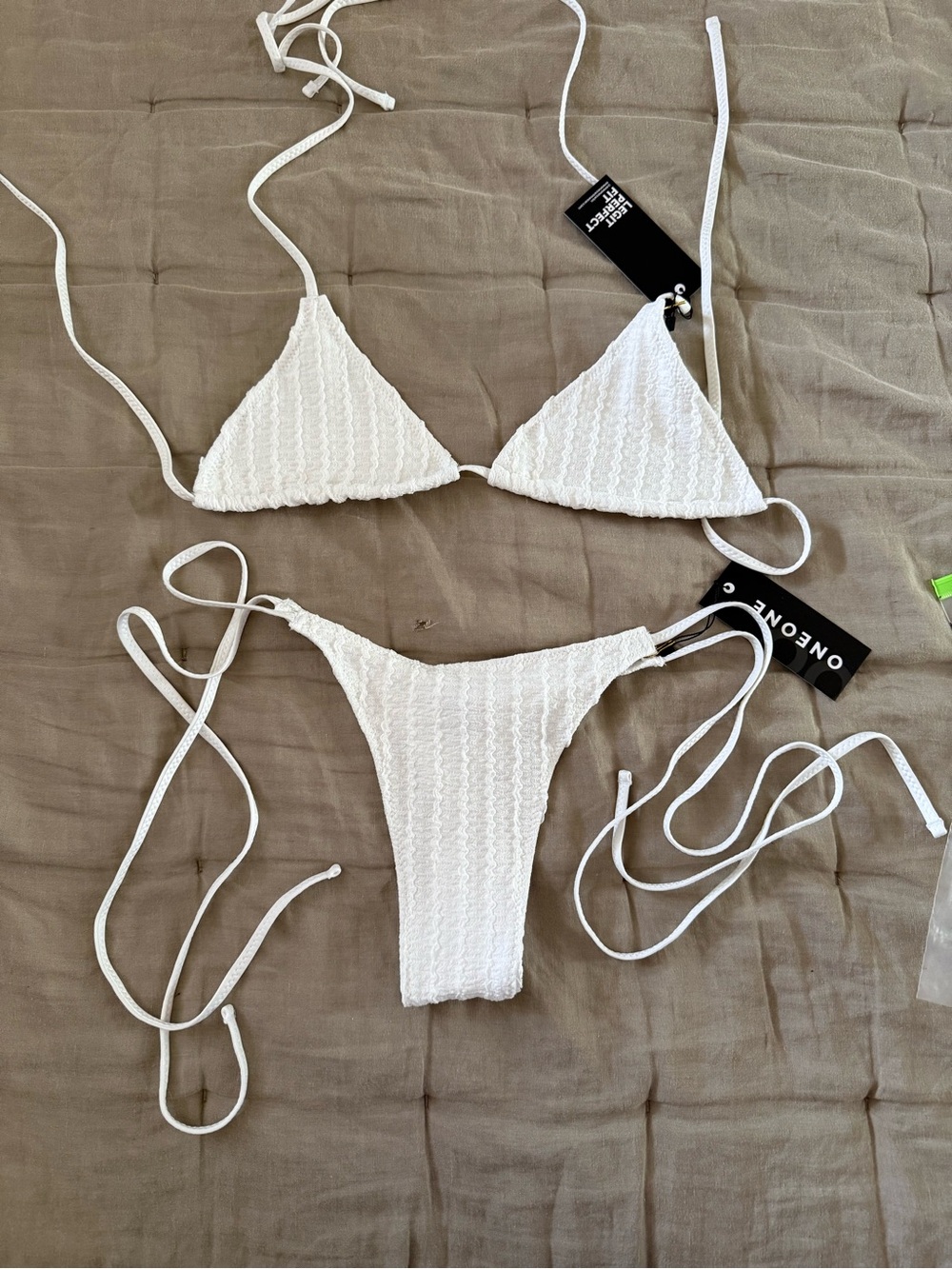 White Textured Triangle Bikini Set